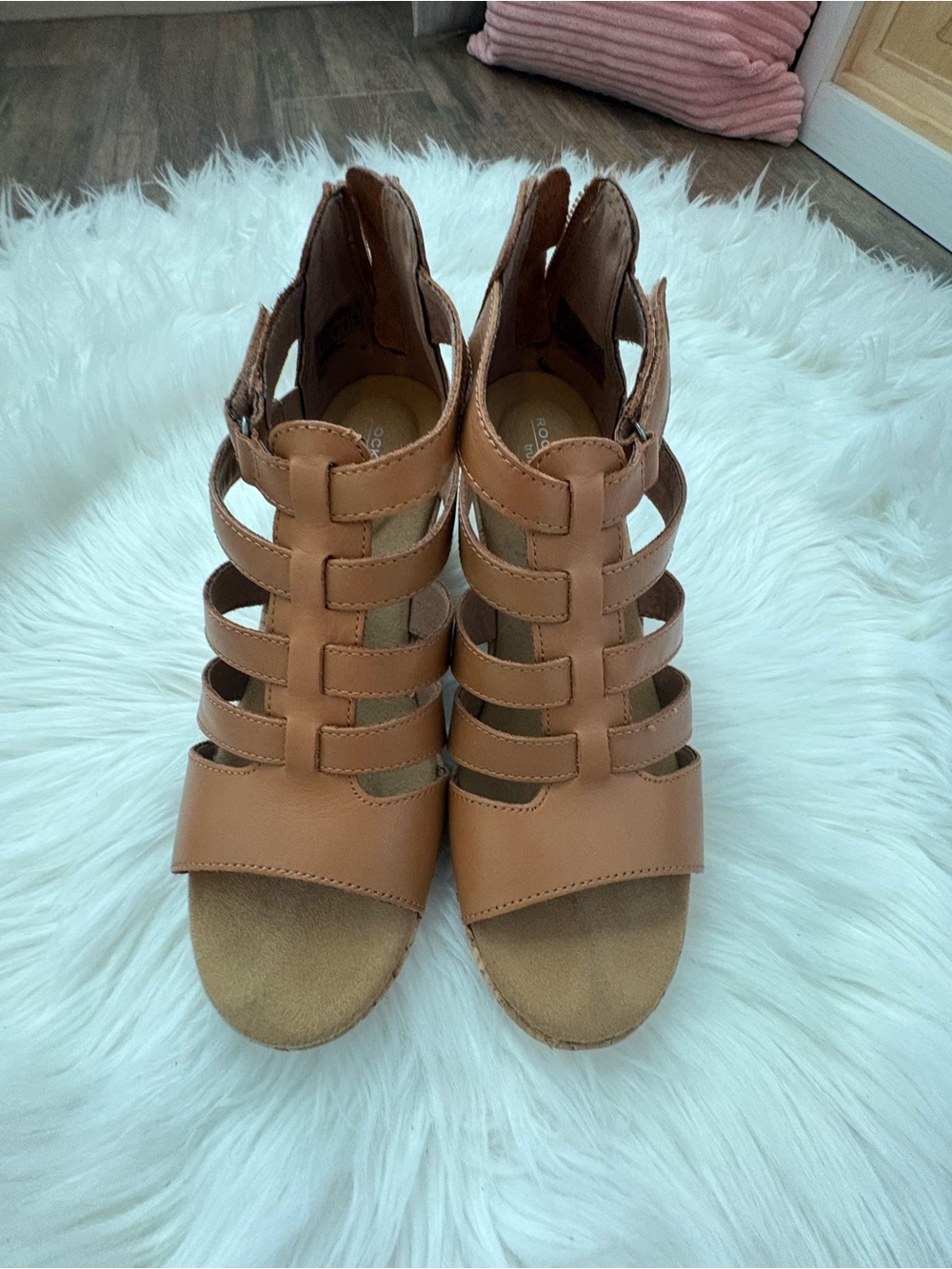 Rockport Tan Strappy Cutout Wedge Sandals